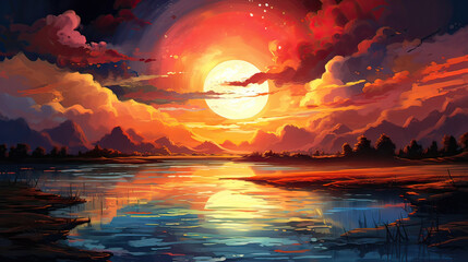 A majestic and expansive sunset, a sense of wonder and awe, with vibrant colors and dynamic patterns background Ai Generative