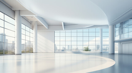 Interior of modern office with large windows, panoramic view. Blur background