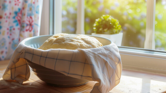 Bread dough resting on a kitchen table