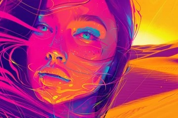 Zelfklevend Fotobehang Hyperintense Colorblast Woman Face Background - Supermodel Girl Neon Overload Face with Vibrant and Swirling Energy Vitality Lines Representing the Landscape created with Generative AI Technology © Sentoriak