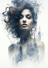 Artistic representation blending womans portrait with the subtle outlines of urban skyline, creating illusion of her hair morphing into buildings