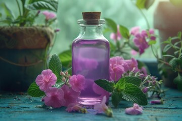 Obraz na płótnie Canvas A translucent bottle of lavender essential oil among delicate pink flowers and leaves
