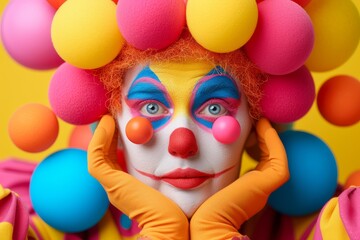 Clown with colorful balloon wig, bright makeup, and a playful expression