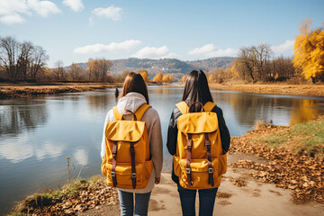 Two girls wearing vibrant yellow backpacks are joyfully walking alongside a serene river, enjoying their carefree journey.