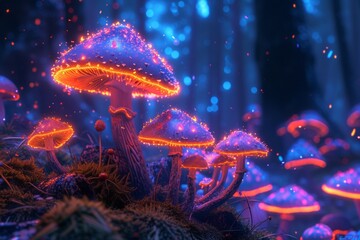 Fototapeta na wymiar Enchanted Forest Glowing Mushrooms in a Mystical Night Setting