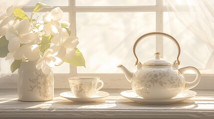 Fototapeta na wymiar Set of porcelain tea sets on the kitchen near windows at afternoon, teapots, tea cups