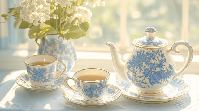 Set of porcelain tea sets on the kitchen near windows at morning, teapots, tea cups, blue ceramic, afternoon tea traditional.