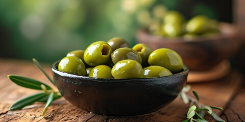 Large emerald olives in ebony bowl on mahogany surface.