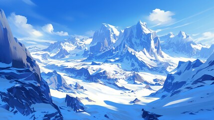Illustration of a View from the top of the snowy mountain.