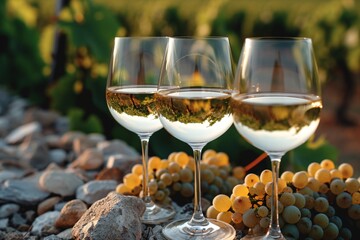 French white wine glasses from vineyards in the Burgundy region with a representation of flint stones in the soil. - obrazy, fototapety, plakaty