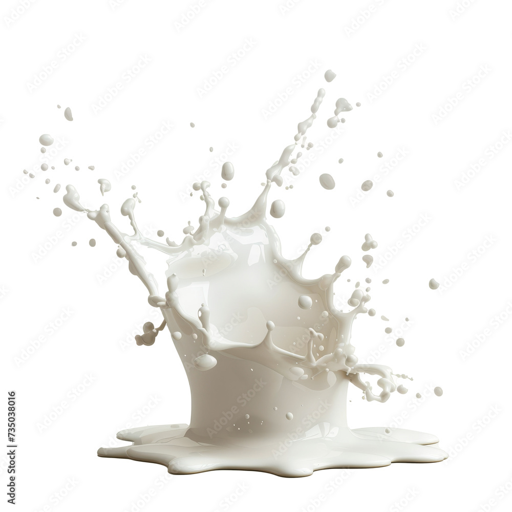 Poster dynamic milk splash isolated on transparent background captured in mid-motion