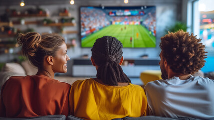 Rear view of a diverse trio watching a soccer match on TV, conveying emotions of leisure and excitement, with a cozy home setting in the background