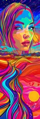 Poster Hyperintense Colorblast Woman Face Background - Supermodel Girl Neon Overload Face with Vibrant and Swirling Energy Vitality Lines Representing the Landscape created with Generative AI Technology © Sentoriak