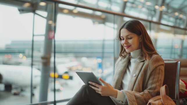 A Businesswoman Waits for a Flight, Uses a Smartphone, and sits in the Boarding Lounge of an Airline, view from the airport terminal glass window with a view of an airplane.