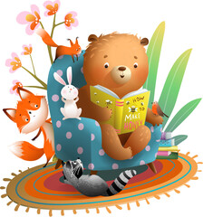 Cute bear reading or studying a book with animals at home, fox bunny squirrel and raccoon listening to a story. Reading animals cartoon for kids education. Vector clipart illustration for children. - 735040042