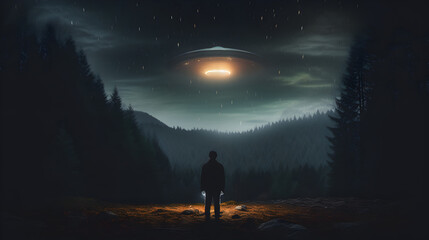There is a man standing in the dark with a large object in the sky,,
UFO in the night sky silhouette of a man standing and looking at a flying saucer in the forest
