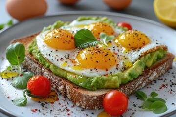 Fototapeta na wymiar Elevate Your Breakfast: Toast with Creamy Avocado, Eggs, and Cherry Tomatoes