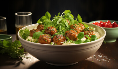 Photo of a realistic spaghetti pasta with meatballs and tomato sauce. The concept of tasty and healthy food.