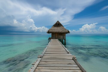 A wooden pier leading to a thatched house in the ocean