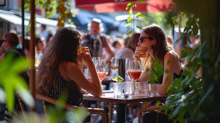 Individuals savoring beverages at a bistro on a scorching summer afternoon in France.
