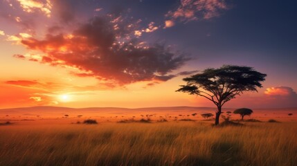Fototapeta premium silhouette of tree at sunset in savanna
