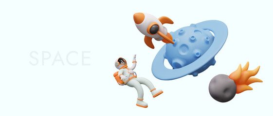 Creative space concept. Astronaut floats in zero gravity near planet