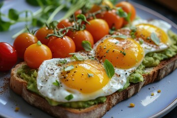 Fototapeta na wymiar Elevate Your Breakfast: Toast with Creamy Avocado, Eggs, and Cherry Tomatoes
