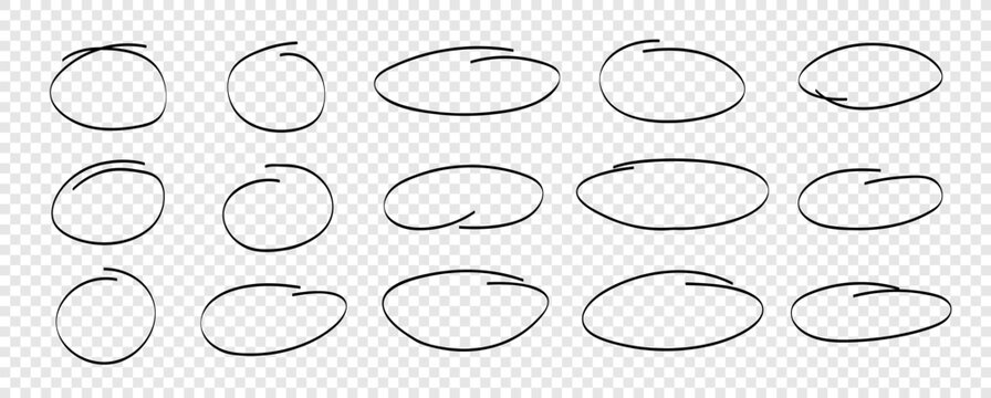 Hand drawn oval doodle stroke set. Line oval round vector brush. Oval hand drawn sketch frame illustration.