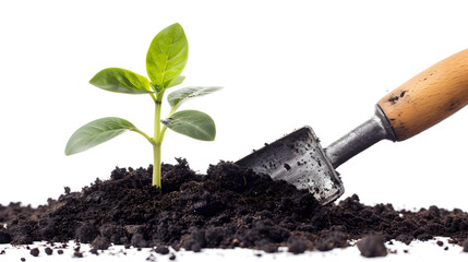 Young plant sprouting in rich soil next to a gardening trowel - obrazy, fototapety, plakaty