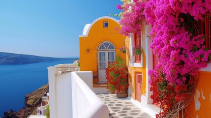 Colorful pretty pink Bougainvillea blooming with white and yellow buildings