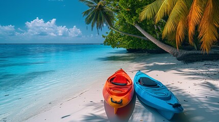 Vibrant red and blue kayaks on a picturesque tropical shore. - obrazy, fototapety, plakaty