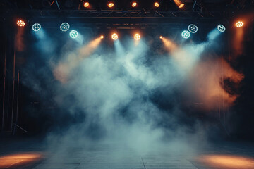Mesmerizing abstract light show in an empty concert hall with a dark background, the stage...