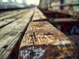 Old railroad track with textured wooden ties.

