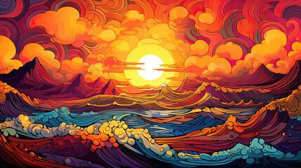 A big and vibrant sunset, bold colors, intricate patterns, and a sense of awe and admiration background Ai Generative