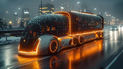 Foto op Canvas Futuristic semitruck with glowing automotive lighting driving at night © Raptecstudio