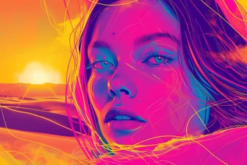 Keuken spatwand met foto Hyperintense Colorblast Woman Face Background - Supermodel Girl Neon Overload Face with Vibrant and Swirling Energy Vitality Lines Representing the Landscape created with Generative AI Technology © Sentoriak