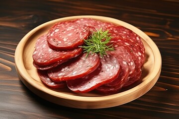 Isolated smoked sausage salami slices on a plate