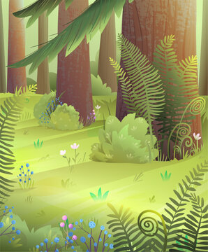 Pine trees forest in summer or spring, green meadow with bush and flowers. Colorful wild nature scenery cartoon for kids. Vector idyllic landscape illustration for children in watercolor style.