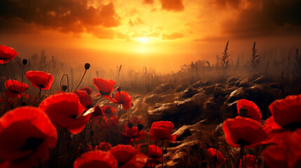 Lone soldier amid a crimson poppy field at dusk, contemplating war's grim reality and yearning for peace, merging historical memory with a vision for harmony. - obrazy, fototapety, plakaty