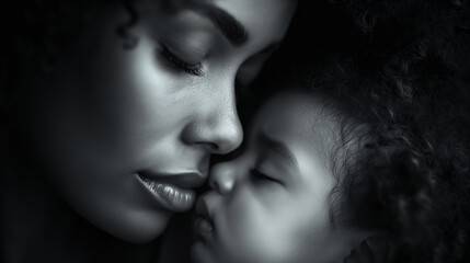 Monochrome Portrait of Mother and Child in a Tender Embrace
