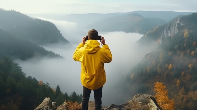 A rear view of a photographer wearing a yellow jacket photographing an autumn misty landscape while standing on top of a mountain. Travel, Nature, Landscape, Hiking concepts.