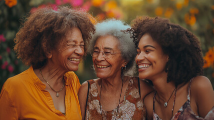 Three Generations of Joy: African American Women Smiling Together in a Garden