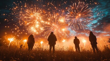 Silhouettes of people watching fireworks explode at night