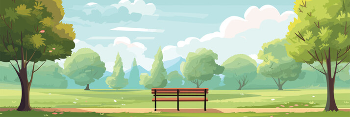 Background of beautiful summer park with trees, bushes and cozy bench. Good place vector illustration - obrazy, fototapety, plakaty