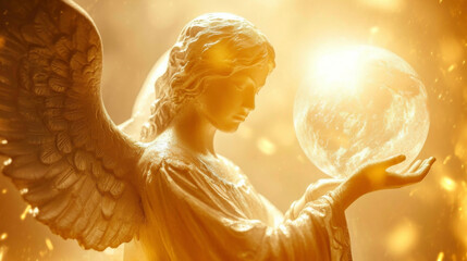 A warm and radiant angel with outstretched wings holding a glowing orb of healing energy in their hands.