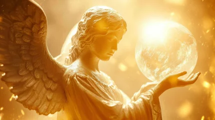 Fotobehang A warm and radiant angel with outstretched wings holding a glowing orb of healing energy in their hands. © Justlight
