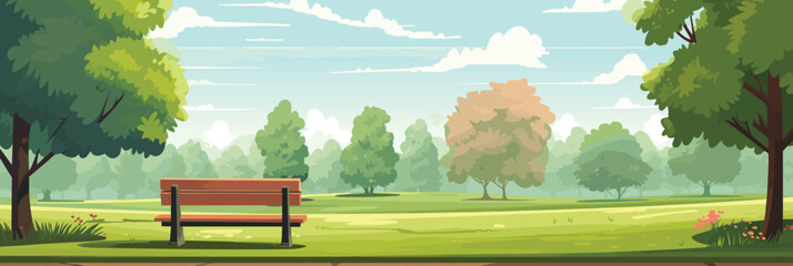 Background of beautiful summer park with trees, bushes and cozy bench. Good place vector illustration - obrazy, fototapety, plakaty