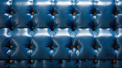 A horizontal elegant blue leather texture adorned with buttons, creating a sophisticated and luxurious pattern suitable for a wallpaper in an ultra theme.