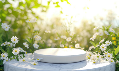 White round template podium mockup for natural organic cosmetic product presentation ad concept on background flower in sunny spring