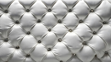 A horizontal elegant white leather texture adorned with buttons, creating a sophisticated and luxurious pattern suitable for a wallpaper in an ultra theme.